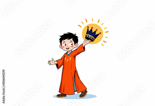 Youthful Boy in Orange Robe Gleefully Holding a Shining Crown Against a Plain White Background, Emphasizing Joy, Innocence, and Imaginary Royal Adventures