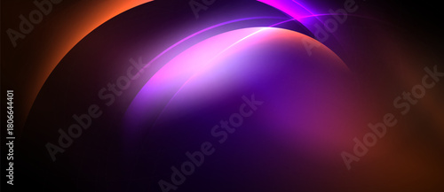 Abstract composition features vibrant curves, gradients. Purple, orange hues dominate dark background. Smooth transitions create dynamic visual effect.