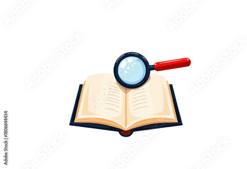 Illustration of an Open Book with a Magnifying Glass Representing Learning, Knowledge Exploration, and Detailed Study in Education and Research