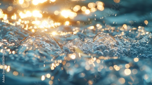 Close-up of splashing water with bubbles and golden light reflections. Abstract liquid motion background during sunrise or sunset