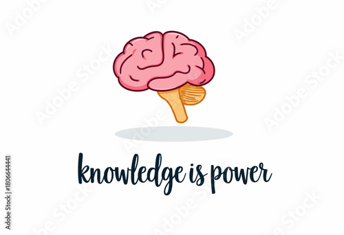 Illustration of a floating brain above a shadow with the motivational phrase 'knowledge is power' beneath, emphasizing learning and intellectual strength