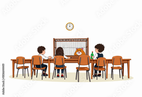 Three children sit at a long wooden table facing a caged guinea pig, carefully observing its behavior while taking notes and discussing their observations.