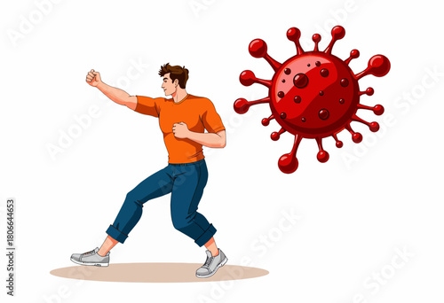 Illustration of a Person Punching a Giant Virus Symbolizing the Fight Against Infectious Diseases and Health Challenges