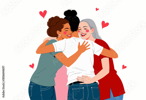 Joyful Embrace of Friendship: Three Women Sharing a Cheerful Hug Surrounded by Hearts, Illustrating the Beauty of Diverse Friendships and Happy Connections