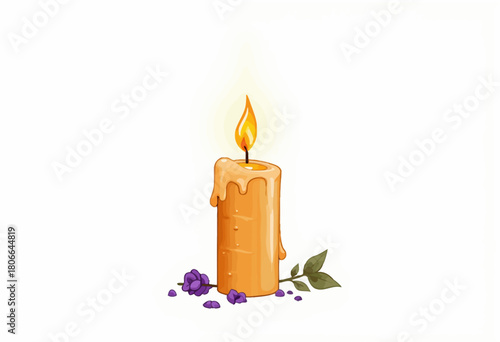Illustration of a solitary candle burning brightly with melted wax drips cascading down and surrounded by delicate purple flowers against a white background