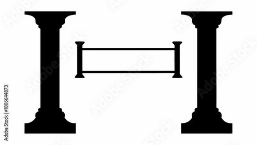 Two columns supporting a horizontal bar creating a gateway in black and white silhouette style art