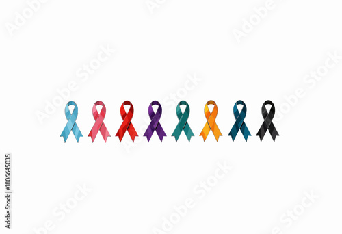 Diverse Array of Awareness Ribbons Representing Various Causes for Health, Support, and Solidarity Displayed in a Horizontal Row on a White Background