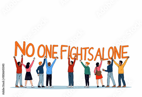 Illustration of Diverse Group Holding Letters Forming Uplifting Message of Support, Encouragement, and Unity for Collaborative Strength Against Challenges