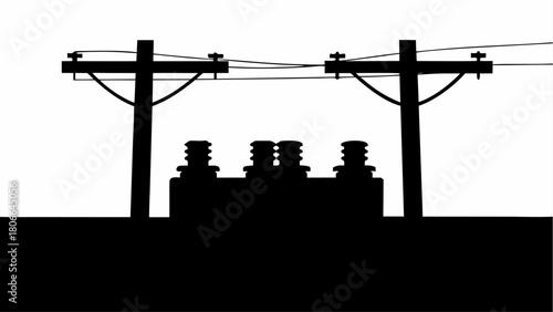 Silhouette of power lines and transformer station against a white background landscape scene view