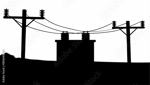 Silhouette of power lines and transformer with poles against a white background in monochrome view