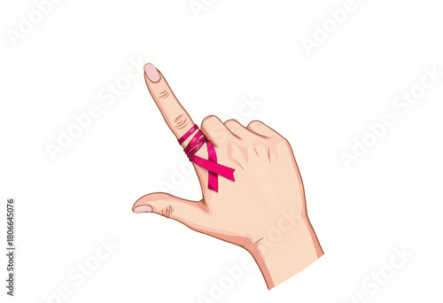 Illustrated image of a hand with intertwined red ribbon symbolizing campaigns or awareness for important social or health causes displayed on a finger