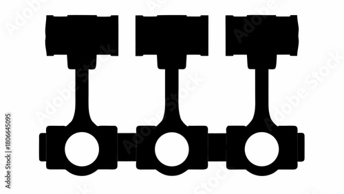 Illustration of three black engine pistons connected in a row on a white background view from the front