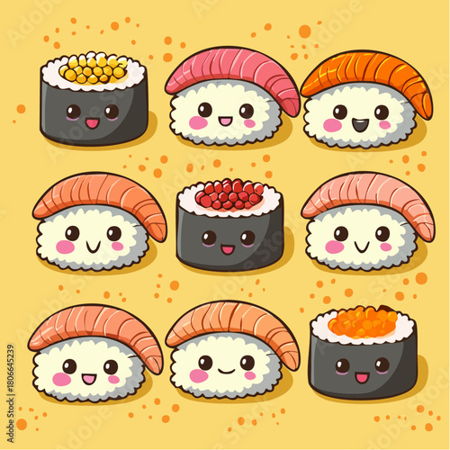 Charming Kawaii Sushi Collection Adorable Cartoon Illustrations of Popular Japanese Delicacies, Perfect for Food Lovers and Creative Projects