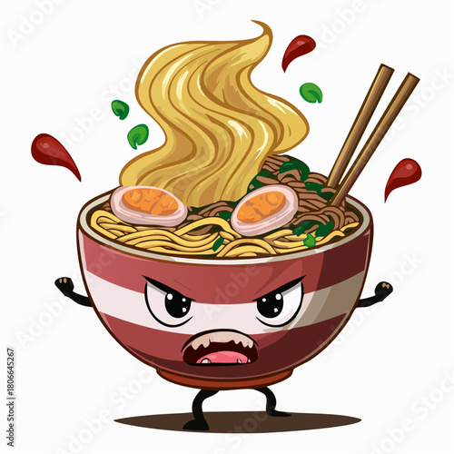 Humorous Cartoon Ramen Bowl Character with Angry Face and Chopsticks, Full of Noodles and Eggs, Illustrating Delicious Japanese Cuisine