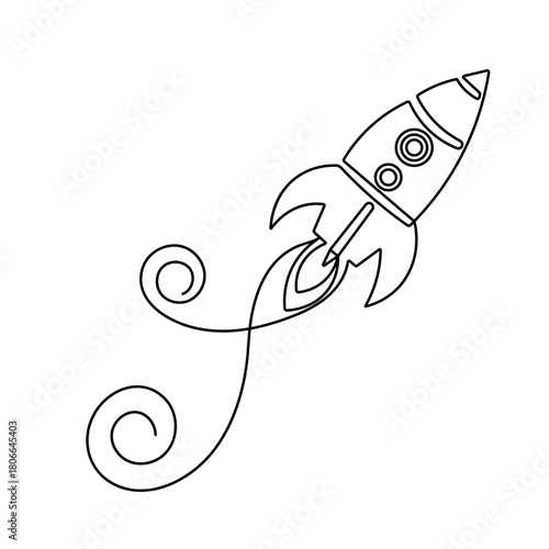 Space rocket launch, continuous line art, minimalist outline vector