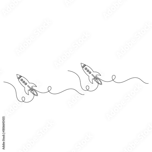 Space rocket launch, continuous line art, minimalist outline vector