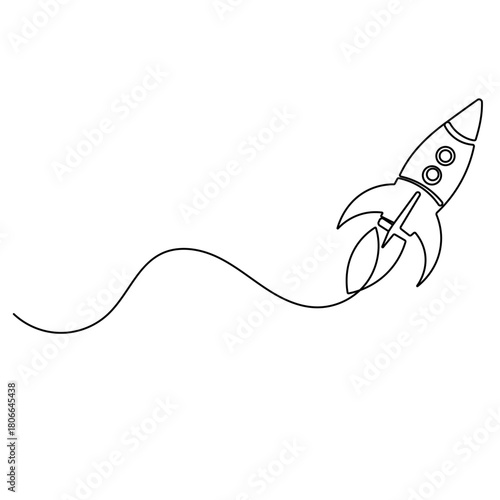 Space rocket launch, continuous line art, minimalist outline vector