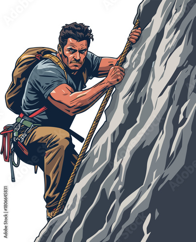 Isolate a man mountain climb rope vector art with white background.