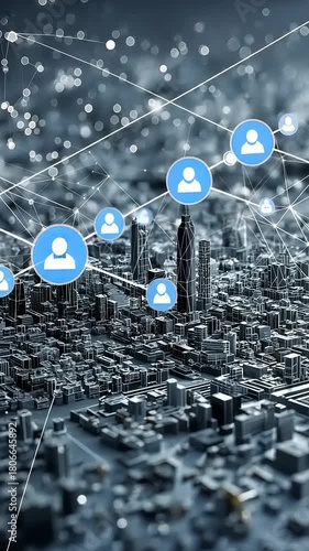 Futuristic city network with social connection, perfect for illustrating globalization and digital