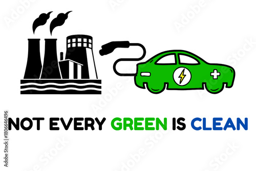 Striking illustration highlights hidden environmental impacts of electric cars powered by fossil fuels. A powerful visual for sustainability discussions. Transparent background for easy editing.