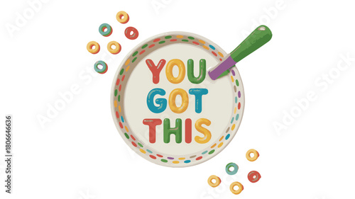 Bowl of Cereal with " YOUGOTHIS" Message and Scattered Rings Keywords: cereal, breakfast, food, healthy, colorful, rings, bowl, spoon, message, encouragement