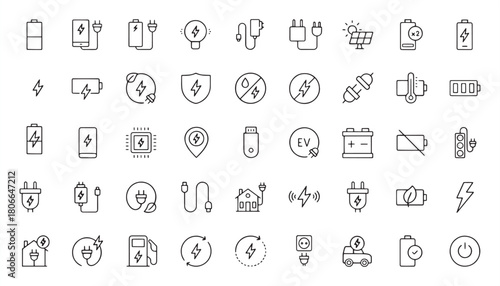 Charging & Battery Power Icon Set – Electric Energy, Plug, Wireless, Car, Fast Charge Symbols