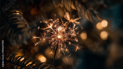 Close-up of a glowing sparkler surrounded by pine needles and festive bokeh.