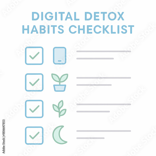 Vector checklist illustration of simple digital detox habits in pastel colors