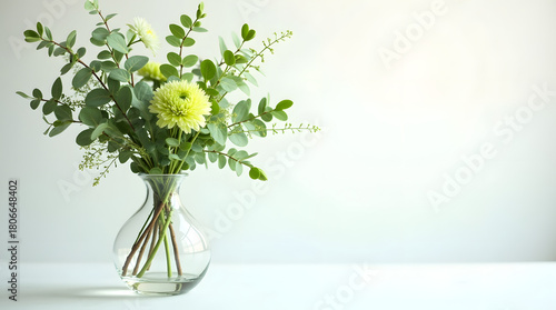 a delicate transparent glass vase filled with an assortment of fresh green flowers including eucalyptus and ferns set against a soft white background with natural light illuminating the scene 