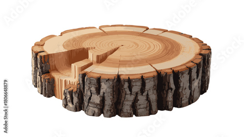 Cut Tree Stump with Visible Rings and Rough Bark on a White Background wood slice