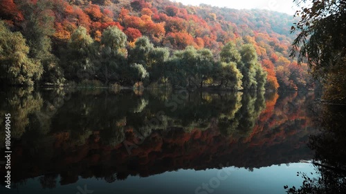 

Soldier Lake. A lake in a mountainous area with different vegetation. Bright juicy autumn leaves, leaf fall and reflection in the water.