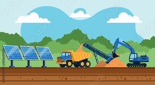 Flat vector illustration depicting the industrial process of solar farm construction with an excavator, dump truck, and soil screener machinery