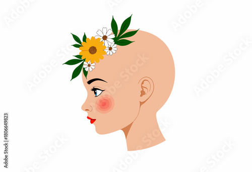 Illustration of a bald person in profile with colorful flowers and leaves adorning the head, symbolizing nature, beauty, and creativity in a minimalist style