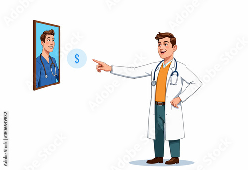 Illustration of a Male Doctor with Stethoscope Pointing at His Own Image in a Frame on a Wall with a Dollar Sign Indicating Success and Ambition