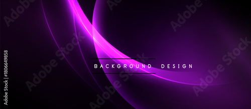 Abstract purple waves create dynamic background. Smooth curves suggest motion, elegance. Dark space emphasizes bright lines.