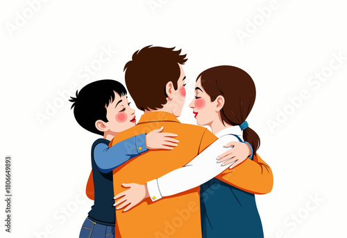 Illustration of a Familial Embrace Between Two Children and an Adult Highlighting Love, Unity, and Warmth through a Close, Heartfelt Group Hug