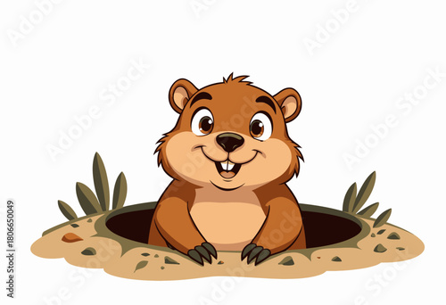 Adorable Cartoon Groundhog Popping Out of Burrow with Greenery on a Bright Day Showcasing Whimsical Natural Habitat Illustration for Children