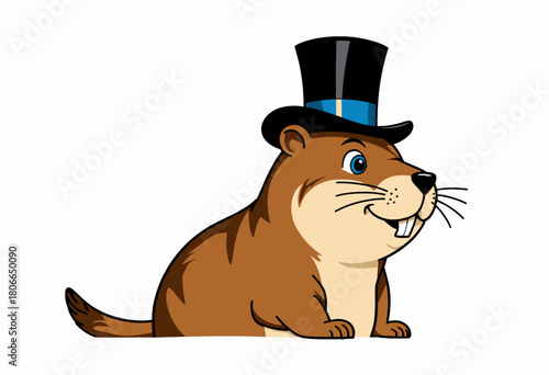 Charming Cartoon Groundhog Wearing a Tall Black Hat with Blue Band, Exuding a Playful and Friendly Expression Against a Simple White Background