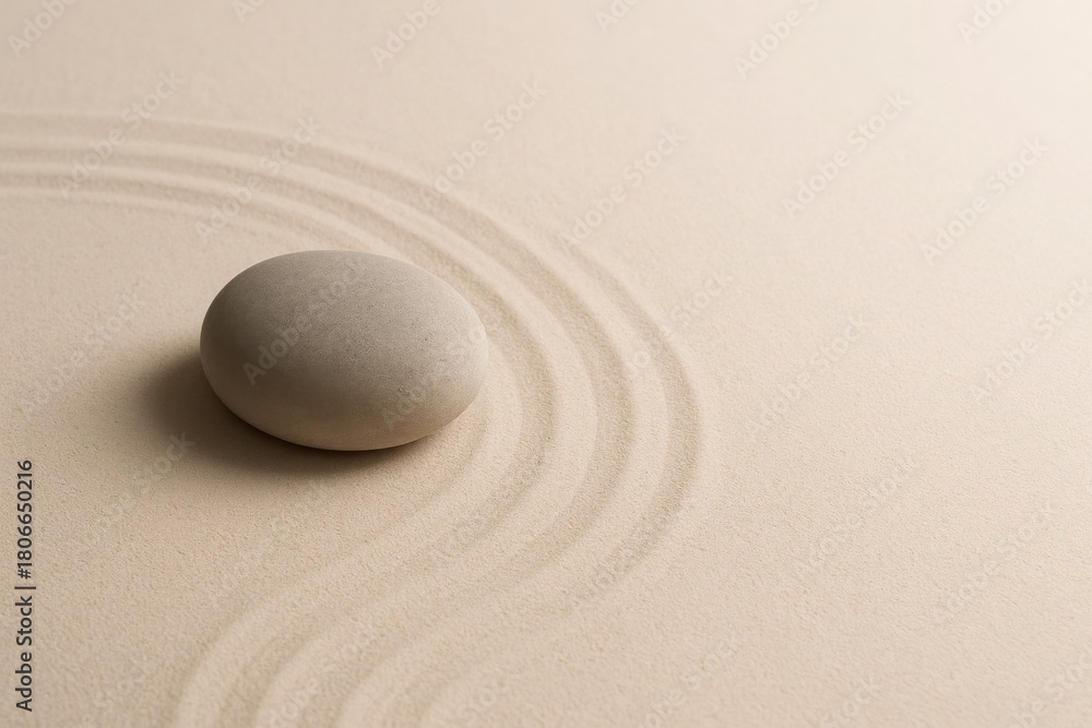 Obraz premium Smooth zen stone on fine beige sand with raked circles and space for text, minimalistic and peaceful concept for mindfulness meditation balance and calm visuals