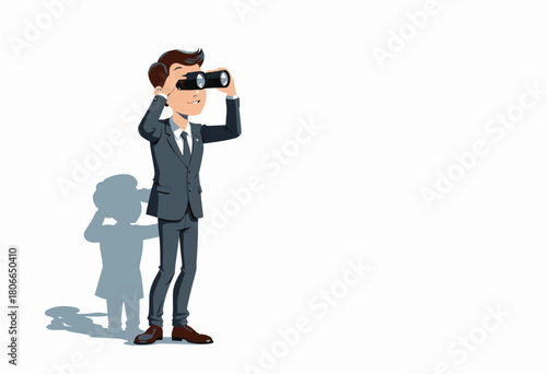 Professional Man in Suit Gazing into Distance with Binoculars and Childlike Shadow on White Background