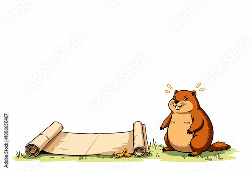 Curious Beaver Examines Unrolled Map on Grass with Thoughtful Expression and Surrounding Nature Details in Bright Daylight