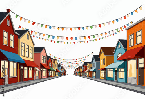 A Colorful, Quiet Village Street Aligns with Charming Houses and Decorative Festive Lights Under a Bright Sky Setting in a Serene, Artistic Illustration