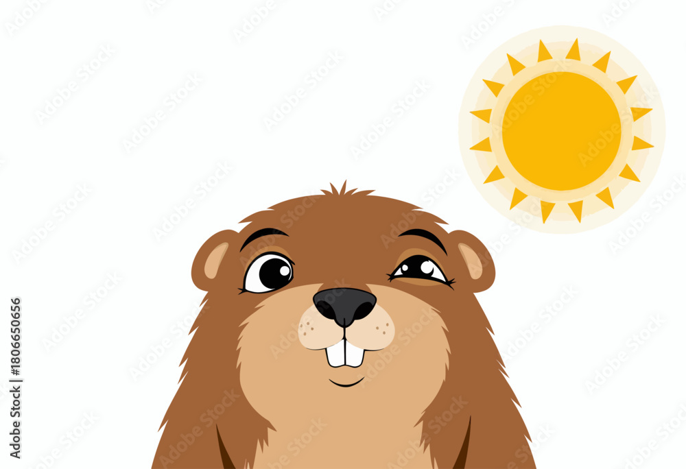 Obraz premium Cartoon illustration of a cheerful groundhog with a sunny sky in the background conveying a sense of happiness and a bright outlook on a pleasant day