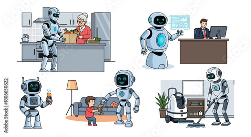 Robots in Everyday Life Illustrations of Robots Assisting with Daily Tasks and Activities