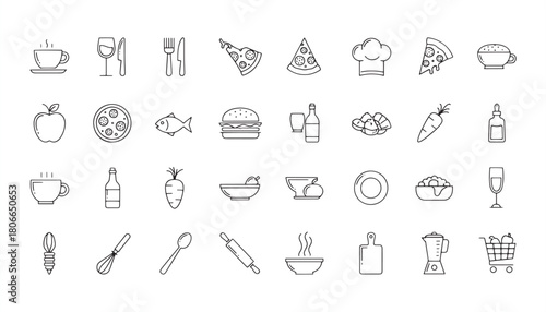 Food Icon Collection – Meals, Snacks, Desserts, Fast Food, Breakfast and Eatery Line Symbols