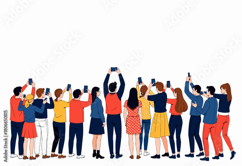 Group of People Capturing a Moment with Smartphones, All Facing Away, Illustrating Modern Technology and Social Interaction in a Diverse Standing Crowd