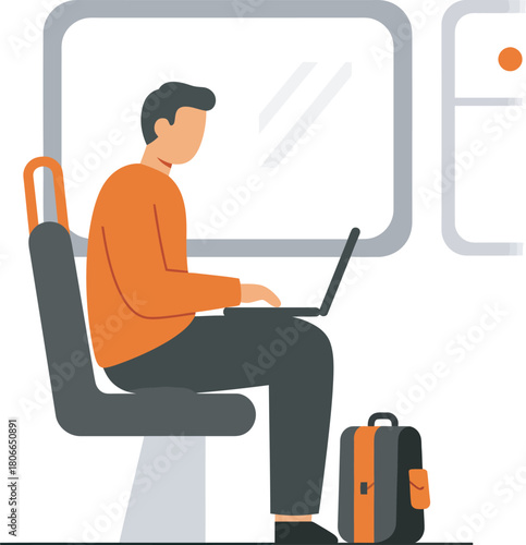 Faceless man using laptop on train with minimalist illustration.