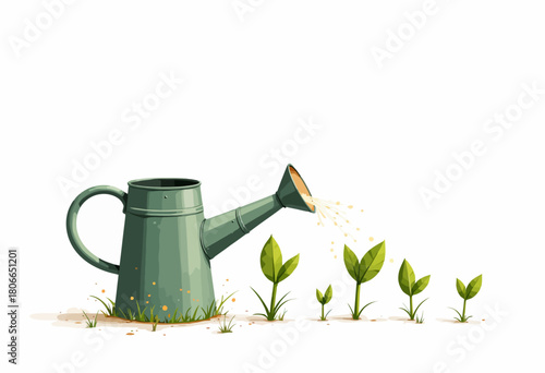 Illustration of a Watering Can Nurturing a Row of Growing Plants, Signifying Growth, Care, and the Importance of Water in Cultivating Healthy Greenery