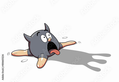 Cartoon character lying flat with a surprised expression, tongue out, casting a unique shadow on a plain white background, capturing a comic and whimsical scene