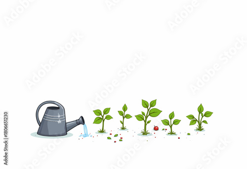 Illustration of a Watering Can Nurturing Young Growing Plants in Various Stages of Development with Leaves and Small Red Berries on White Background